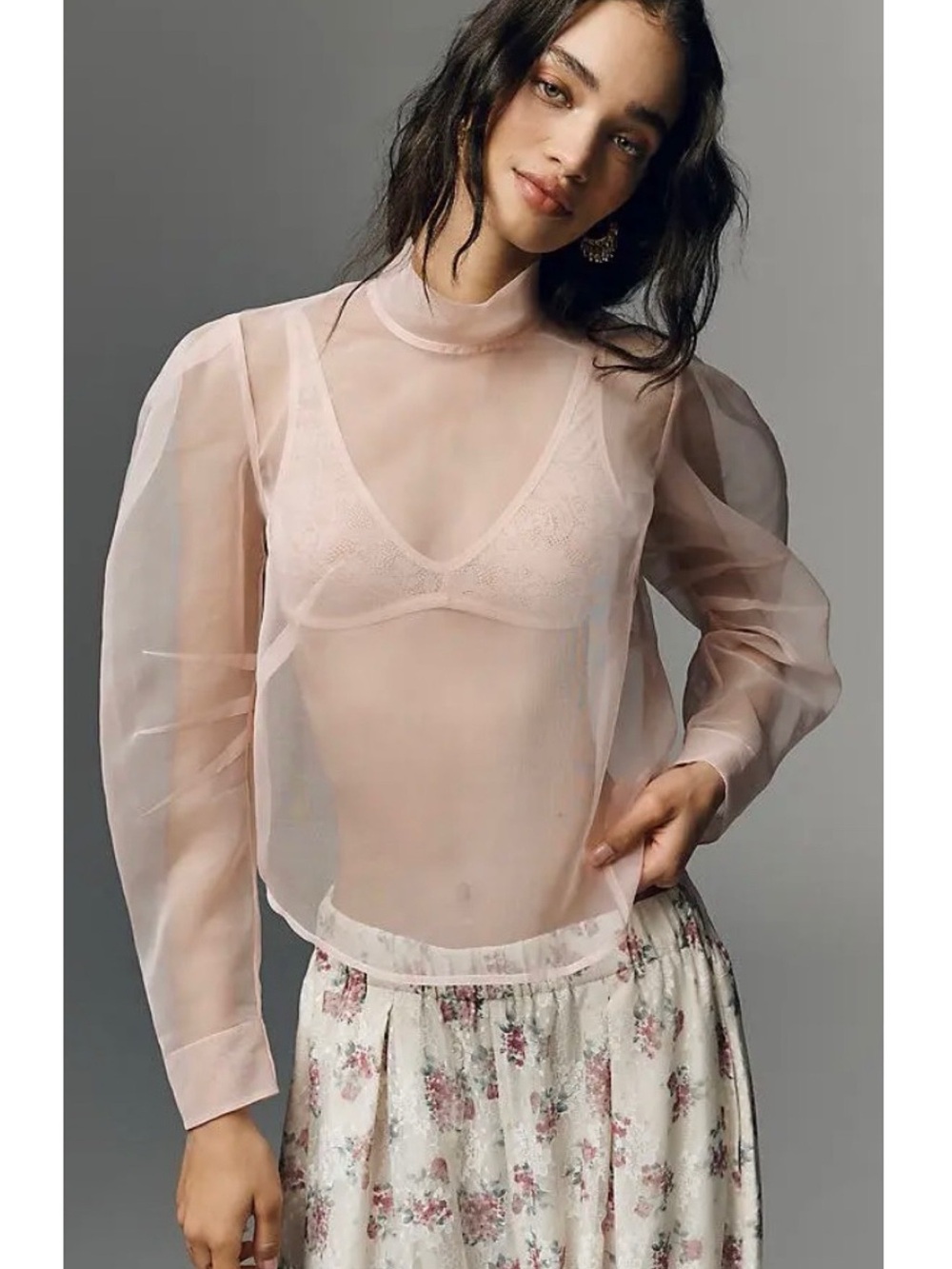NWT Anthropologie Maeve Sheer Long Sleeve High Neck Blouse Blush Pink